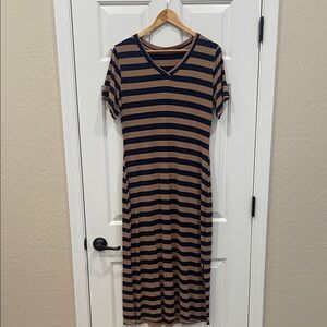 Navy and Tan Striped Midi Dress